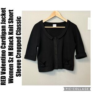 RED Valentino Cardigan Jacket Women Sz M Black Knit Short Sleeve Cropped Classic